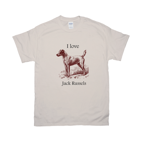 Image of I love Jack Russels T-Shirts, Gift for Jack Russel Terriers Lovers. Vintage drawing on t-shirt, 100% cotton, Preshrunk