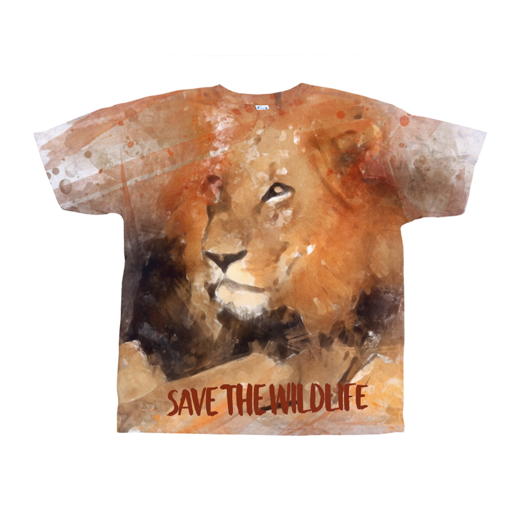 Save the Wildlife | Lion water Color Image on an All-Over Print T-Shirts