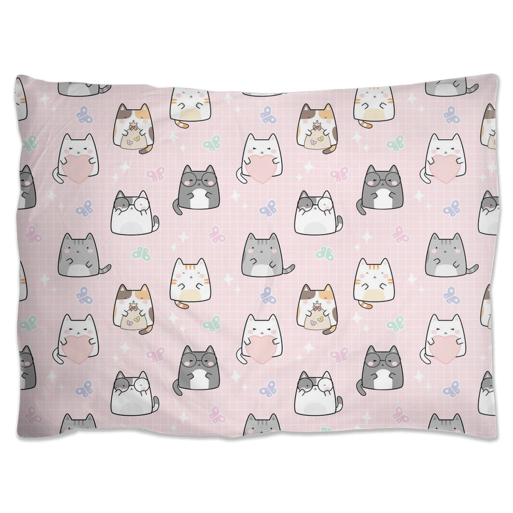 Light Pink Pillow Shams with Cats and Hearts Design