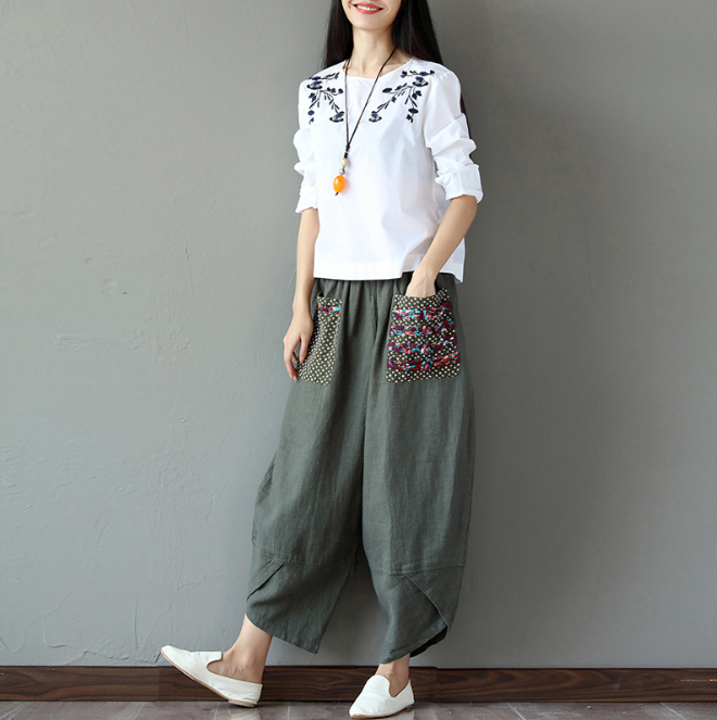 Wide Leg Harem Pants Made with Cotton and Linen - Comfortable.