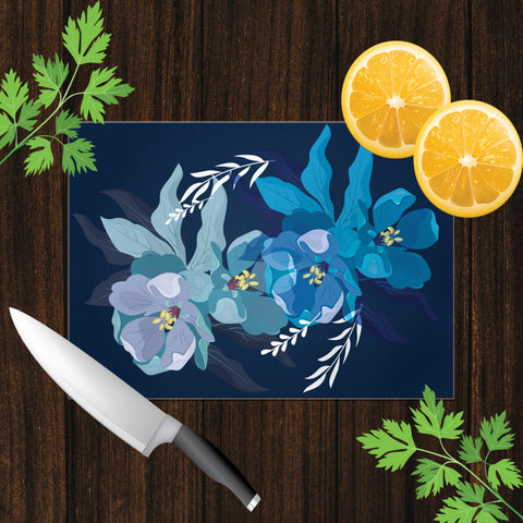 Image of Glass Cutting Board with Teal Flower Design