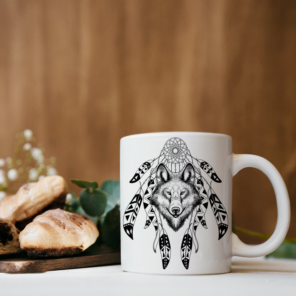 Mug with Hand-drawn Boho Wolf