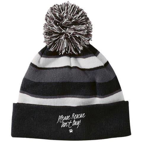 Please Rescue Don't Buy - Striped Beanie with Pom