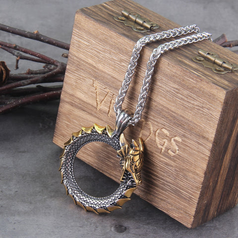 Image of Never Fade Men Stainless steel Viking Self-devourer Ouroboros Valknut Amulet dragon Pendant Necklace with vikings wooden box