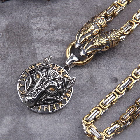 Image of Never Fade Men stainless steel Wolf head norse viking amulet thor hammer pendant necklace viking king chain