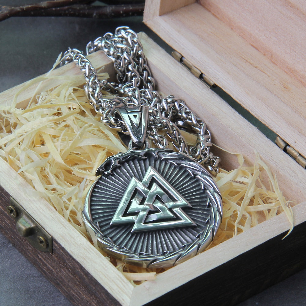 Never Fade Men Stainless steel Viking Self-devourer Ouroboros Valknut Amulet dragon Pendant Necklace with vikings wooden box