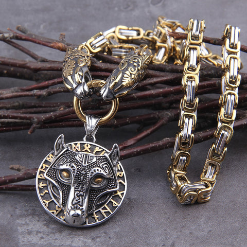 Image of Never Fade Men stainless steel Wolf head norse viking amulet thor hammer pendant necklace viking king chain