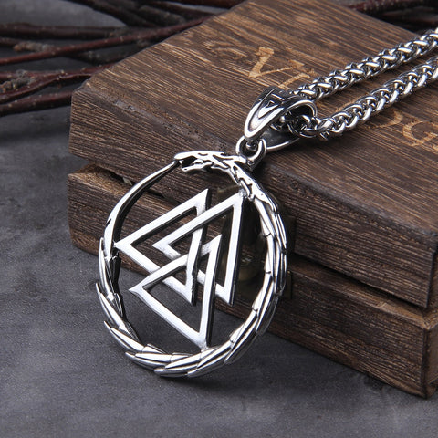 Image of Never Fade Men Stainless steel Viking Self-devourer Ouroboros Valknut Amulet dragon Pendant Necklace with vikings wooden box