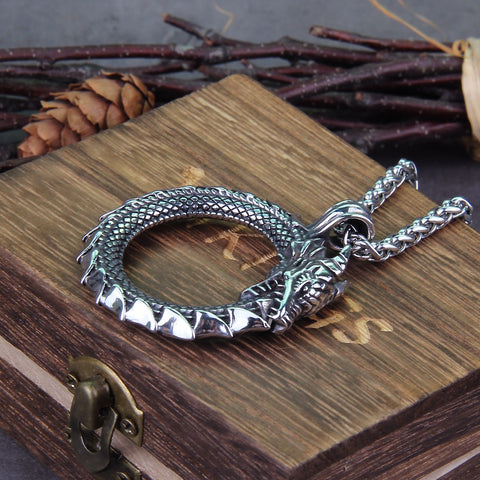 Image of Never Fade Men Stainless steel Viking Self-devourer Ouroboros Valknut Amulet dragon Pendant Necklace with vikings wooden box