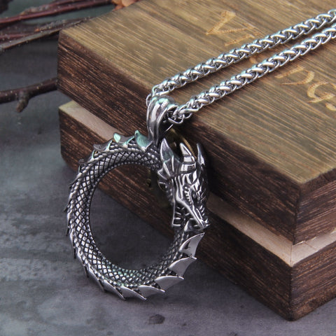Image of Never Fade Men Stainless steel Viking Self-devourer Ouroboros Valknut Amulet dragon Pendant Necklace with vikings wooden box