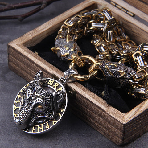 Image of Never Fade Men stainless steel Wolf head norse viking amulet thor hammer pendant necklace viking king chain
