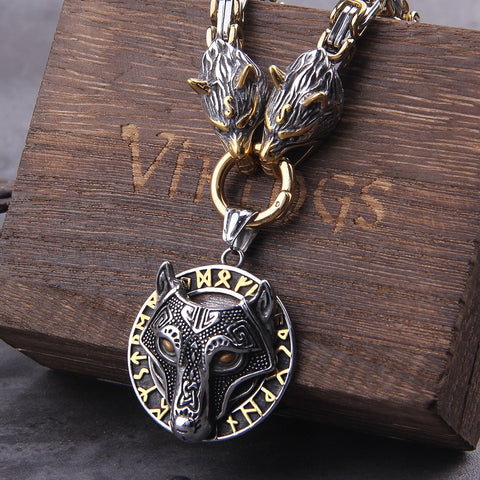 Image of Never Fade Men stainless steel Wolf head norse viking amulet thor hammer pendant necklace viking king chain