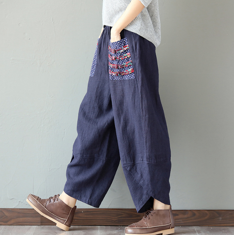 Image of Wide Leg Harem Pants Made with Cotton and Linen - Comfortable.