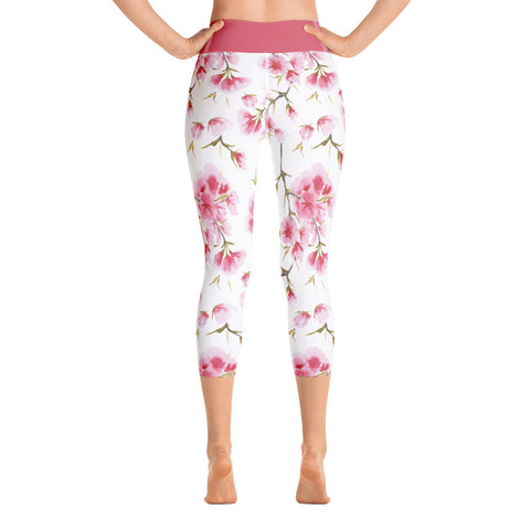 Image of Watercolor Cherry Blossom Design Yoga Capri Leggings