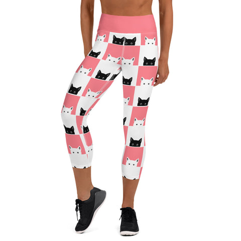 Image of Pink Pattern with Cute Cat Design Yoga Capri Leggings