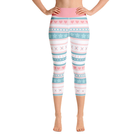 Image of Pastel Pink and Blue Pattern Design Yoga Capri Leggings
