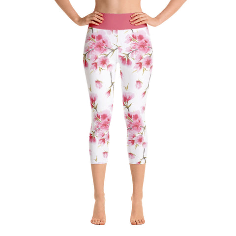 Image of Watercolor Cherry Blossom Design Yoga Capri Leggings