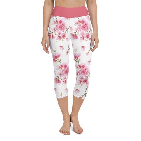 Image of Watercolor Cherry Blossom Design Yoga Capri Leggings