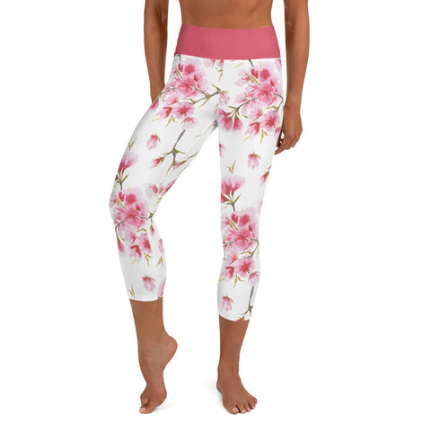 Image of Watercolor Cherry Blossom Design Yoga Capri Leggings
