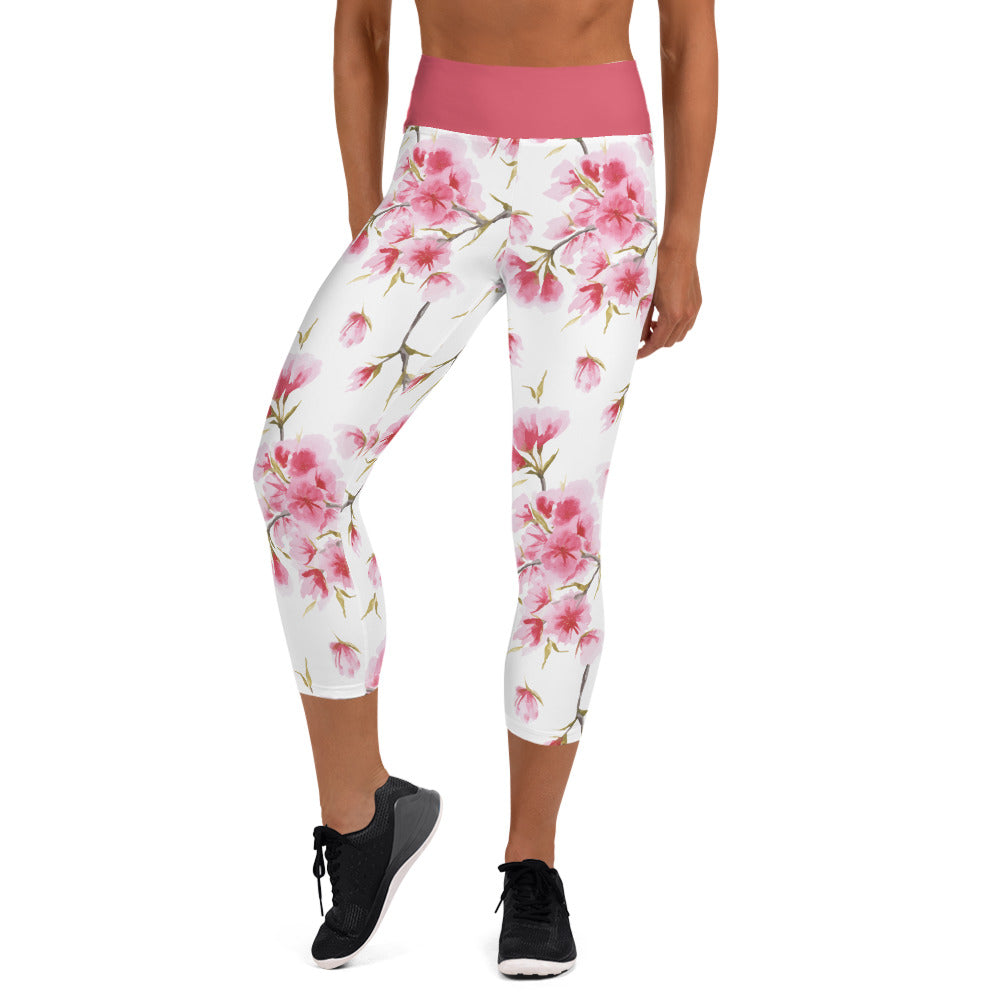 Watercolor Cherry Blossom Design Yoga Capri Leggings