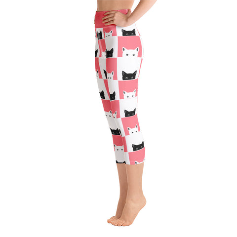 Image of Pink Pattern with Cute Cat Design Yoga Capri Leggings