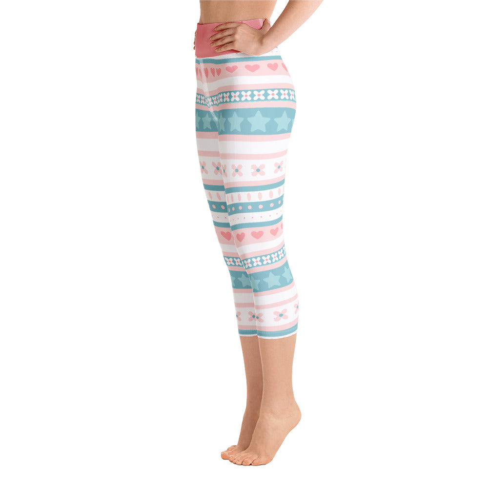 Pastel Pink and Blue Pattern Design Yoga Capri Leggings