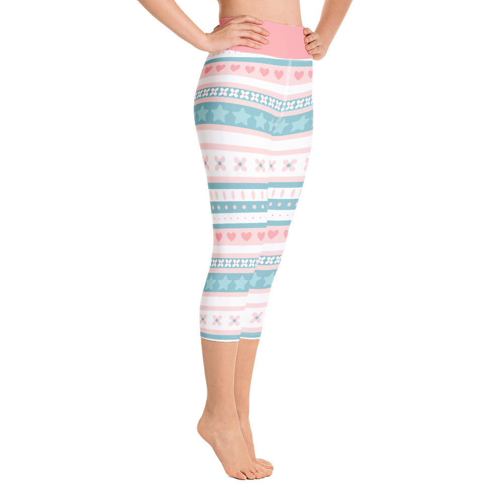 Pastel Pink and Blue Pattern Design Yoga Capri Leggings