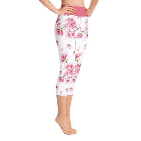 Image of Watercolor Cherry Blossom Design Yoga Capri Leggings