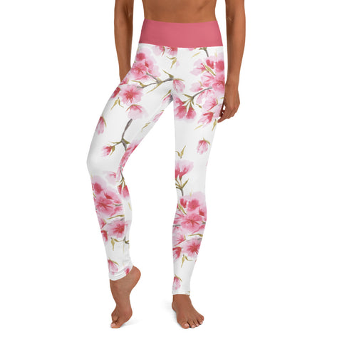 Image of Watercolor Cherry Blossom Design Yoga Leggings