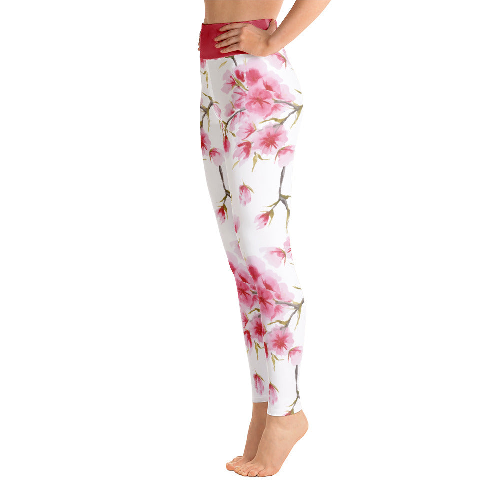 Watercolor Cherry Blossom Design Yoga Leggings