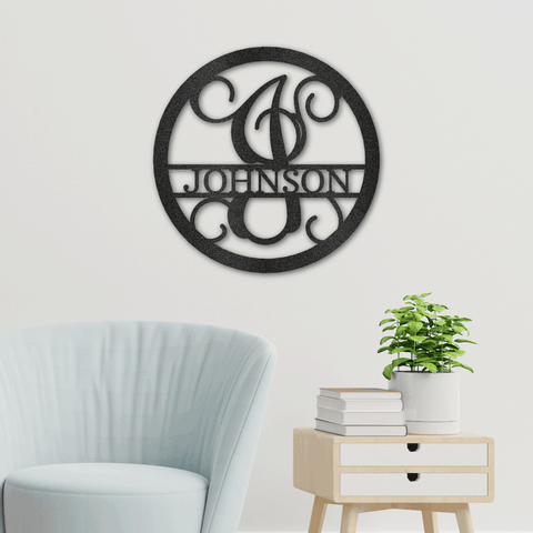 Image of Personalized Round Vine Family Initial and And Name Metal Art Sign | Made USA