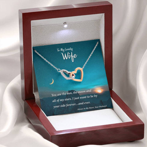Gift for Wife, Necklace with Interlocking hearts placed in a box with a heart warming message.