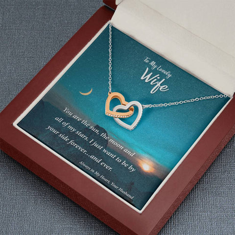 Gift for Wife, Necklace with Interlocking hearts placed in a box with a heart warming message.