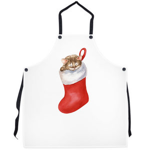 Apron with Kitten in a Red Christmas Sock Design