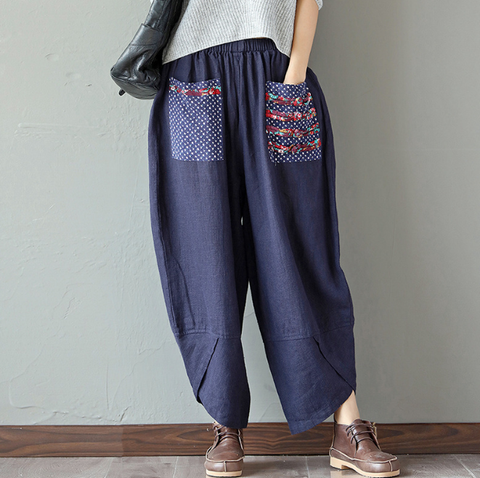 Image of Wide Leg Harem Pants Made with Cotton and Linen - Comfortable.