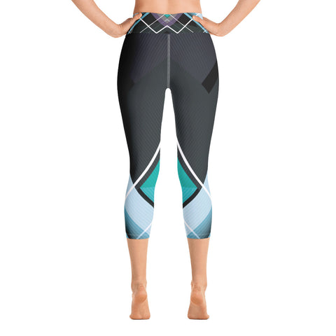 Image of Dark Gray and Teal with Geometric Design Yoga Capri Leggings