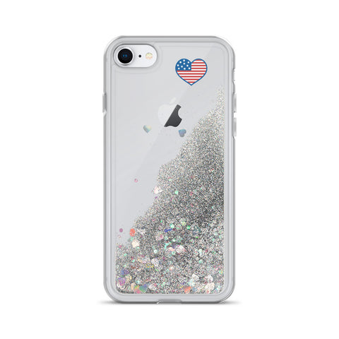 Liquid Glitter Phone Case with Love USA heart flag