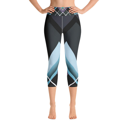 Image of Dark Gray and Teal with Geometric Design Yoga Capri Leggings