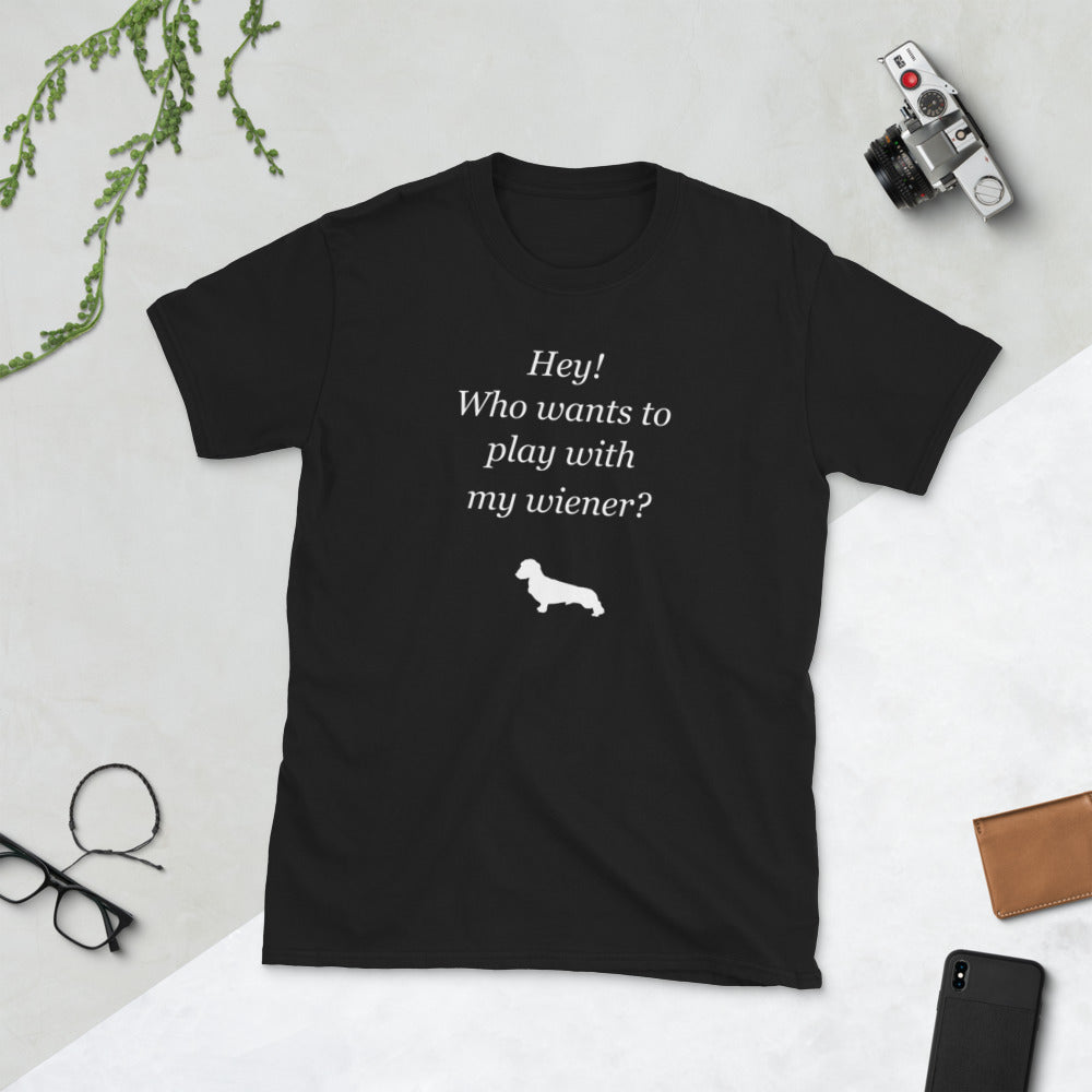 Hey! Who Wants to Play with My Wiener? Short-Sleeve Unisex T-Shirt
