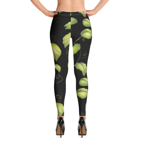 Image of Black Leggings with Green Leaf Design