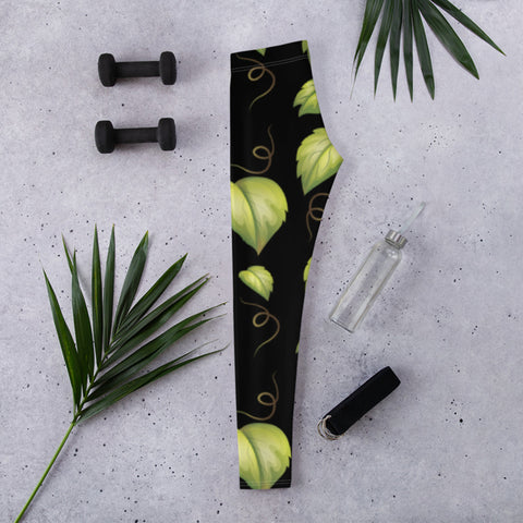 Image of Black Leggings with Green Leaf Design