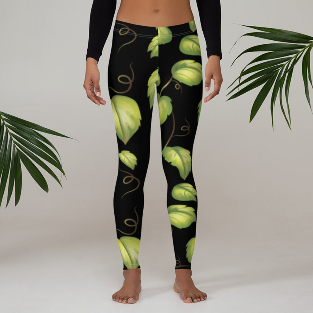 Black Leggings with Green Leaf Design