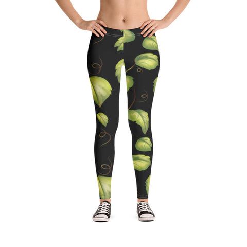 Image of Black Leggings with Green Leaf Design