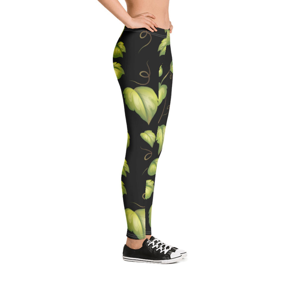 Black Leggings with Green Leaf Design