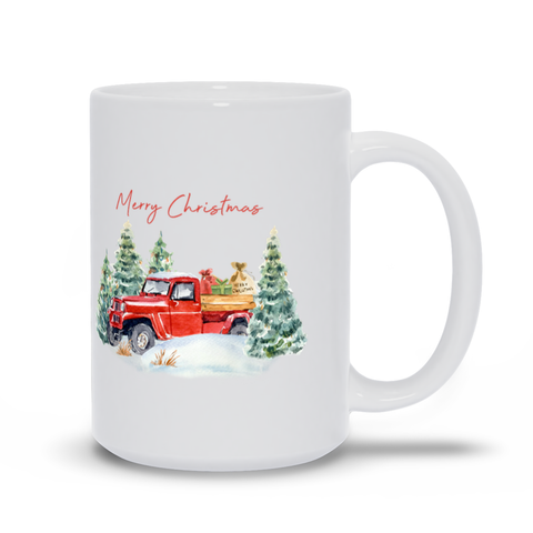 Image of Red Christmas Farm Truck with Pine Trees and Snow