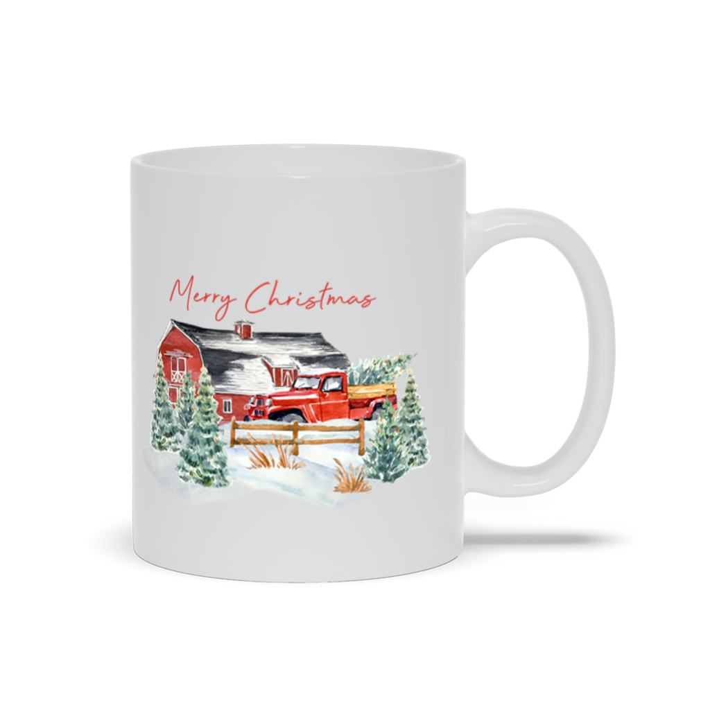 Christmas Farm Truck with A Red Barn  Mugs