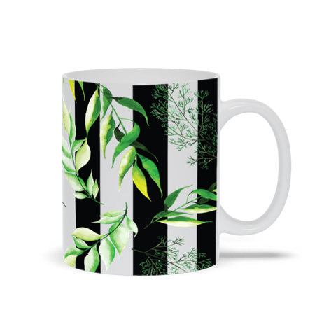 Image of Mug with Watercolor Leaves and Black Stripes
