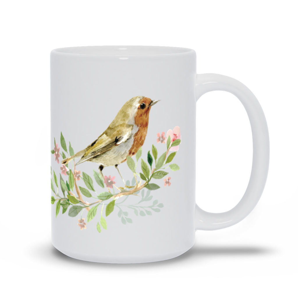 Mug with Hand Painted Bird and Flowers