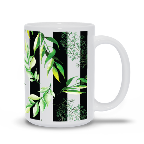 Image of Mug with Watercolor Leaves and Black Stripes