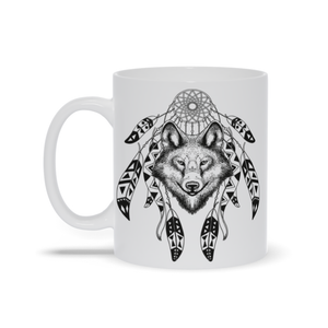 Hand-Drawn Boho Wolf Mug with Design on Both Sides